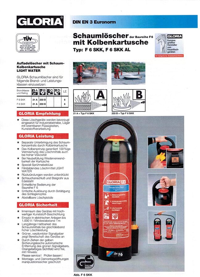 Gloria Design Schaum Feuerlöscher F6 SKK - Https://www.fireandrescue ...